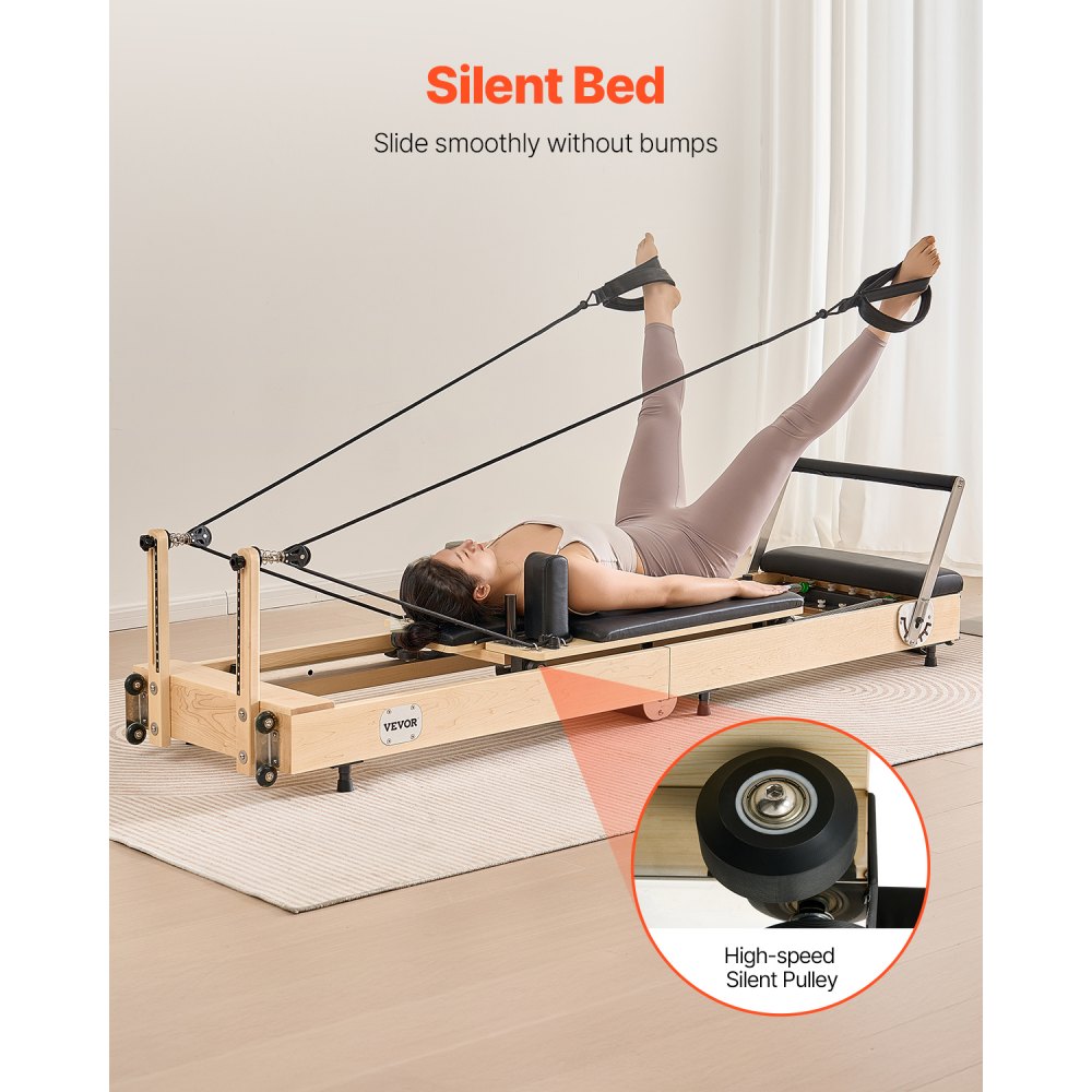 VEVOR Foldable Pilates Reformer, Wooden Pilates Workout Machine for Home Gym Studio Use, Pilates Bed with Dual Resistance- Spring & Cord, Reformer Set with Sitting Box, Up to 400 LBS