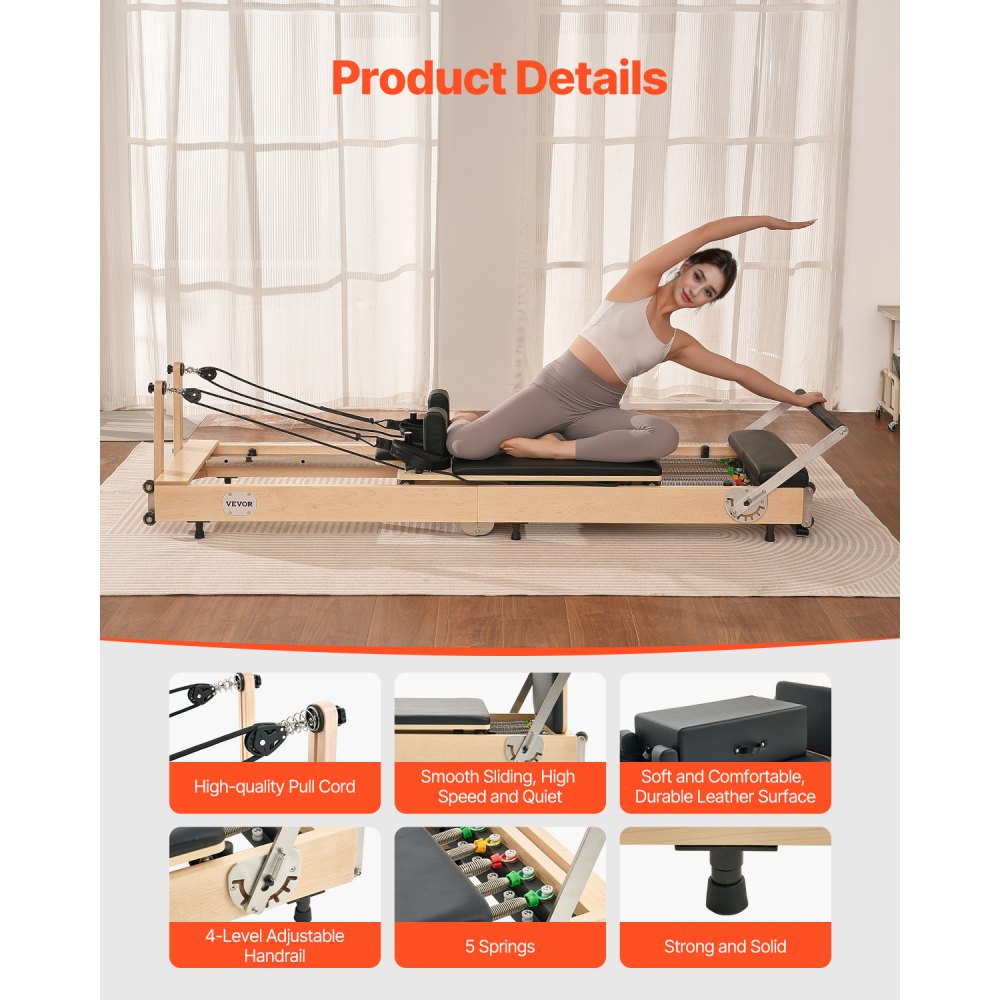 VEVOR Opvouwbare Pilates Reformer Trainingsapparatuur van hout voor gebruik in de sportschool thuis, Pilatesbed met dubbele weerstand - veer en koord, apparatuur met zitkist, tot 181,44 kg