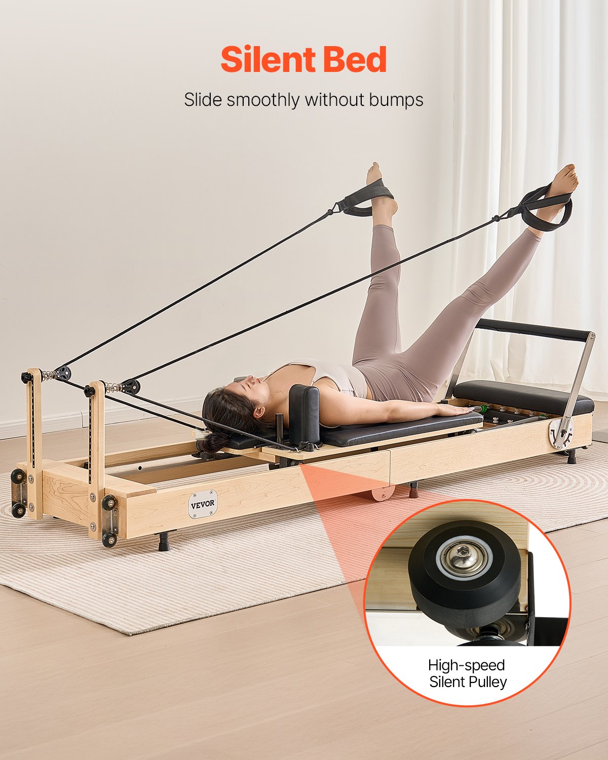 VEVOR Foldable Pilates Reformer, Wooden Pilates Workout Machine for Home Gym Studio Use, Pilates Bed with Dual Resistance- Spring & Cord, Reformer Set with Sitting Box, Up to 400 LBS