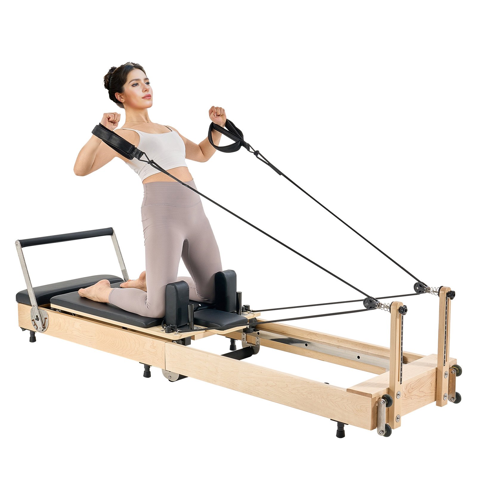 VEVOR Opvouwbare Pilates Reformer Trainingsapparatuur van hout voor gebruik in de sportschool thuis, Pilatesbed met dubbele weerstand - veer en koord, apparatuur met zitkist, tot 181,44 kg