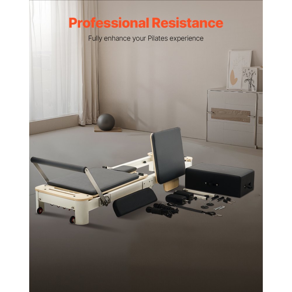 VEVOR Opvouwbare Pilates Reformer Machine Aluminium Pilates Bed met Zitkist & Dubbele Weerstand - Veer & Koord, voor Gevorderden & Beginners, Thuisfitnessapparatuur tot 181,44 kg