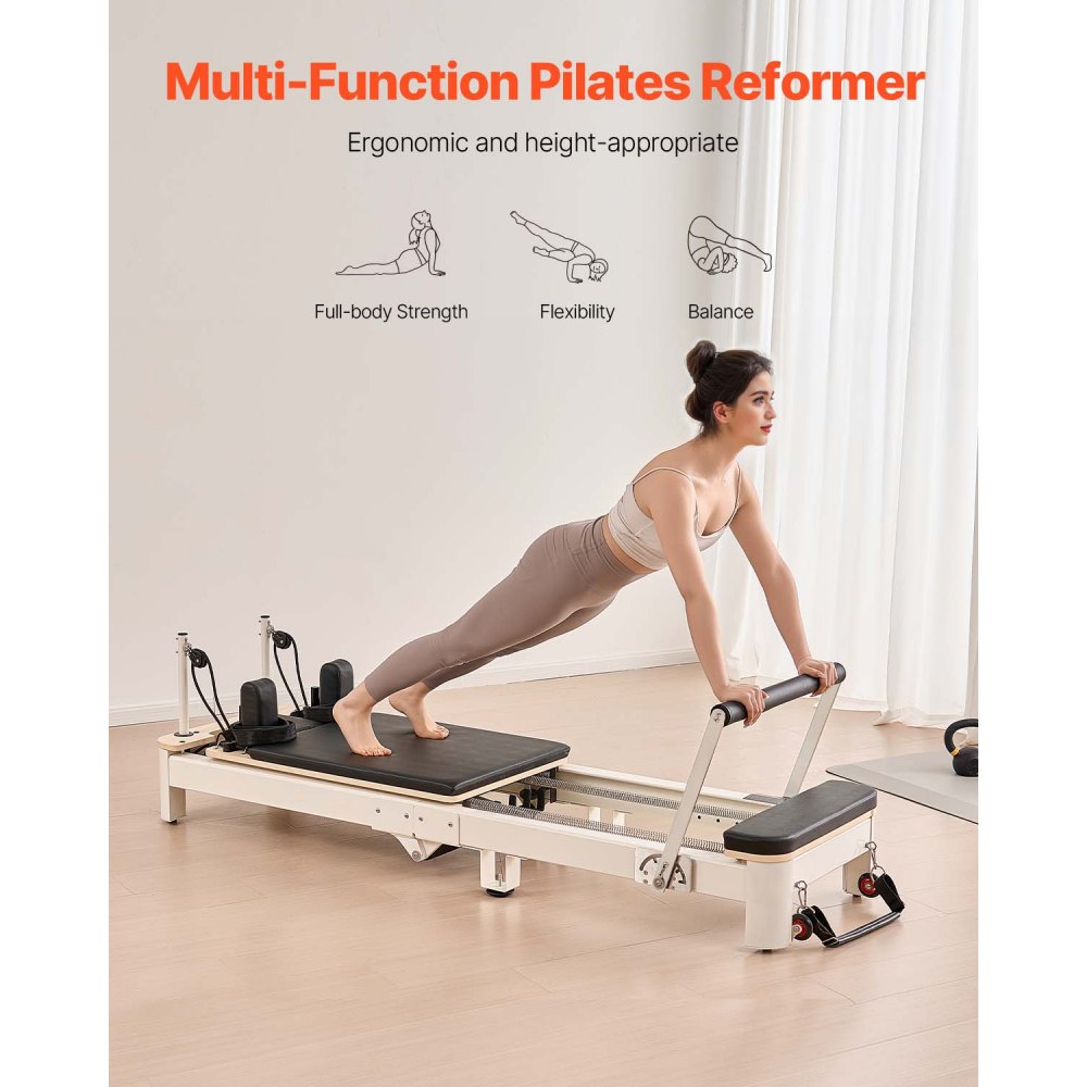 VEVOR Opvouwbare Pilates Reformer Machine Aluminium Pilates Bed met Zitkist & Dubbele Weerstand - Veer & Koord, voor Gevorderden & Beginners, Thuisfitnessapparatuur tot 181,44 kg