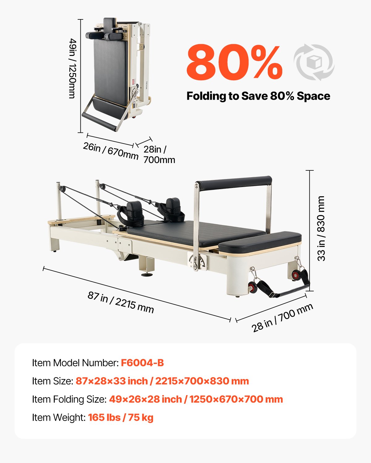 VEVOR Opvouwbare Pilates Reformer Machine Aluminium Pilates Bed met Zitkist & Dubbele Weerstand - Veer & Koord, voor Gevorderden & Beginners, Thuisfitnessapparatuur tot 181,44 kg