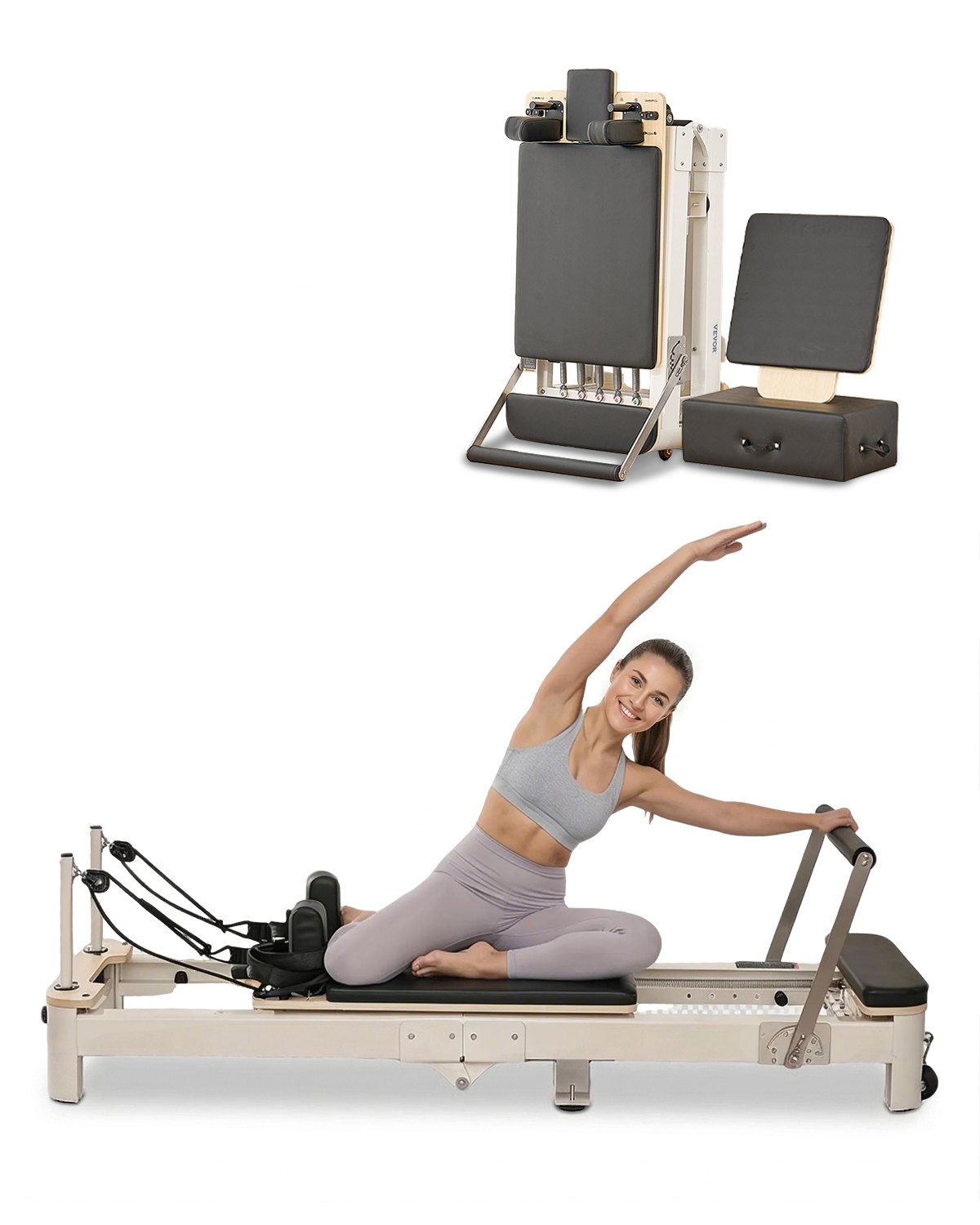 VEVOR Opvouwbare Pilates Reformer Machine Aluminium Pilates Bed met Zitkist & Dubbele Weerstand - Veer & Koord, voor Gevorderden & Beginners, Thuisfitnessapparatuur tot 181,44 kg