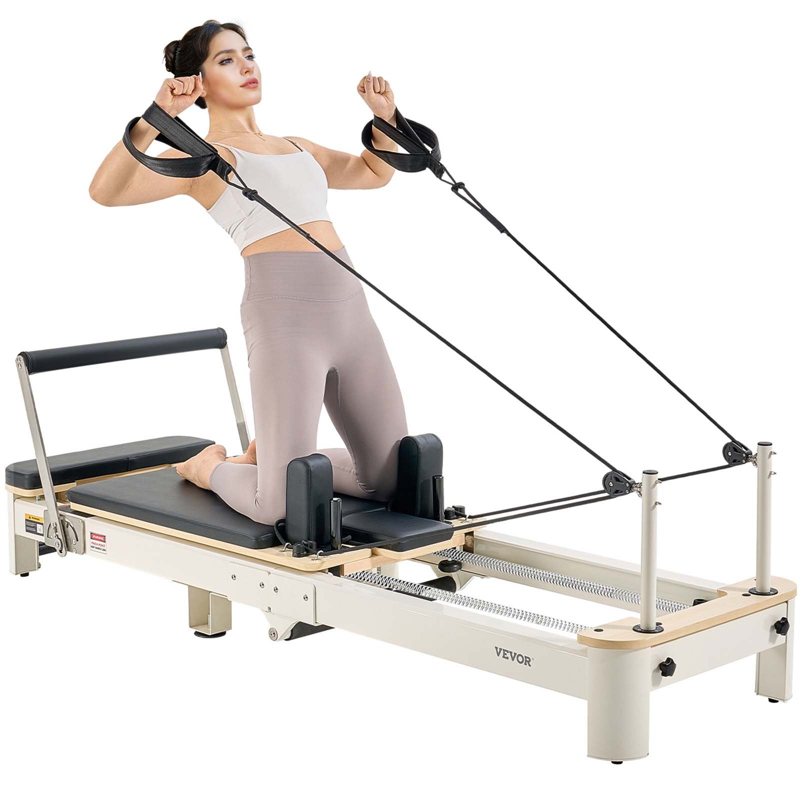 VEVOR Opvouwbare Pilates Reformer Machine Aluminium Pilates Bed met Zitkist & Dubbele Weerstand - Veer & Koord, voor Gevorderden & Beginners, Thuisfitnessapparatuur tot 181,44 kg