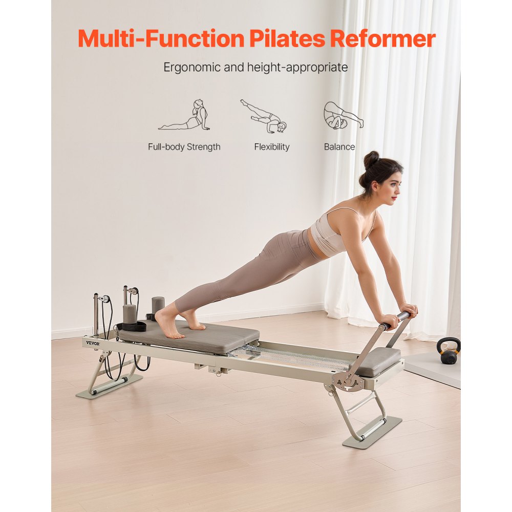 VEVOR Opvouwbare Pilates Reformer Home Gym Trainingsapparatuur, Pilatesbed met dubbele weerstand - veer en koord, voor gevorderden en beginners, tot 181,44 kg
