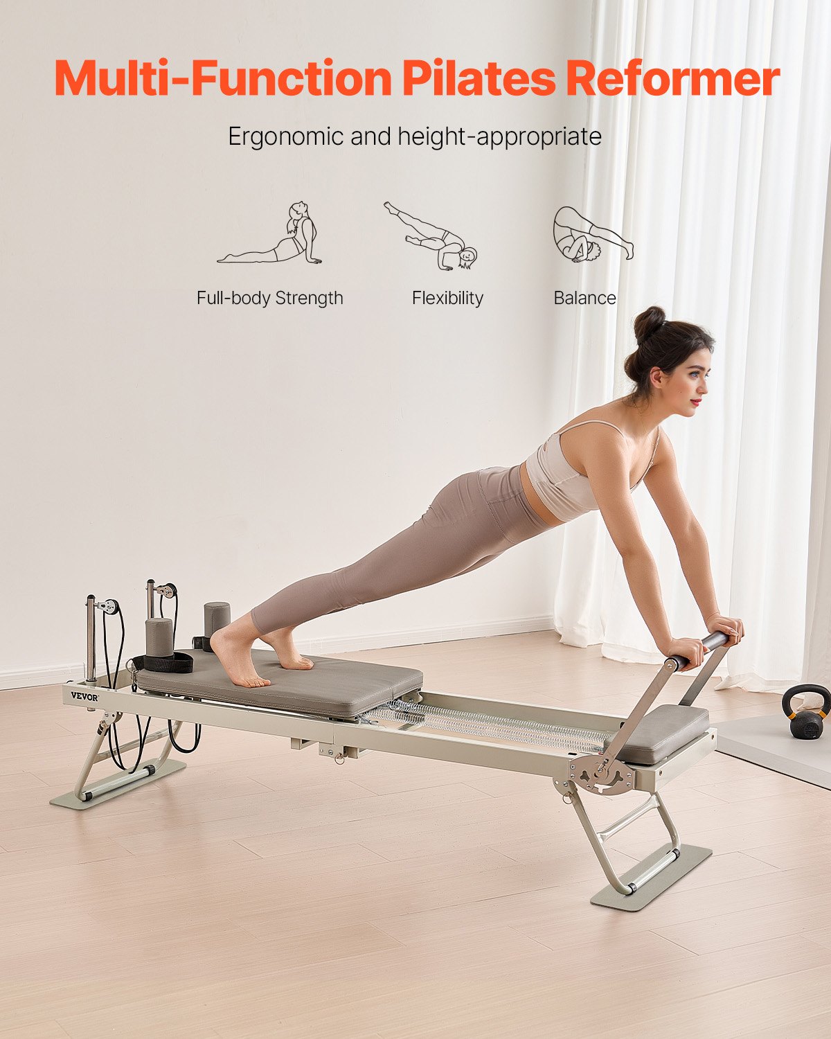 VEVOR Opvouwbare Pilates Reformer Home Gym Trainingsapparatuur, Pilatesbed met dubbele weerstand - veer en koord, voor gevorderden en beginners, tot 181,44 kg