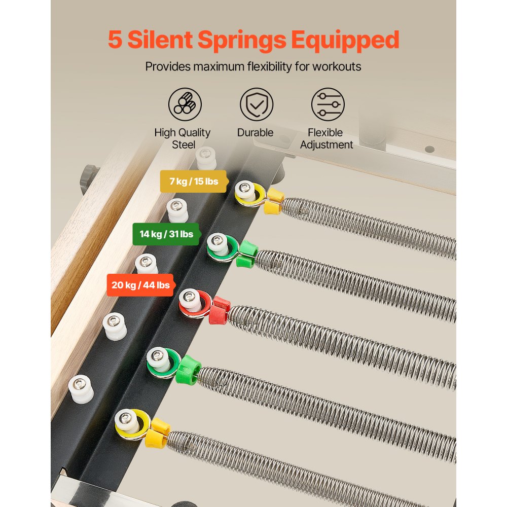 VEVOR Foldable Pilates Reformer, Wooden Pilates Workout Machine for Home Gym Studio Use, Pilates Bed with Dual Resistance- Spring & Cord, Reformer Set with Sitting Box, Up to 400 LBS