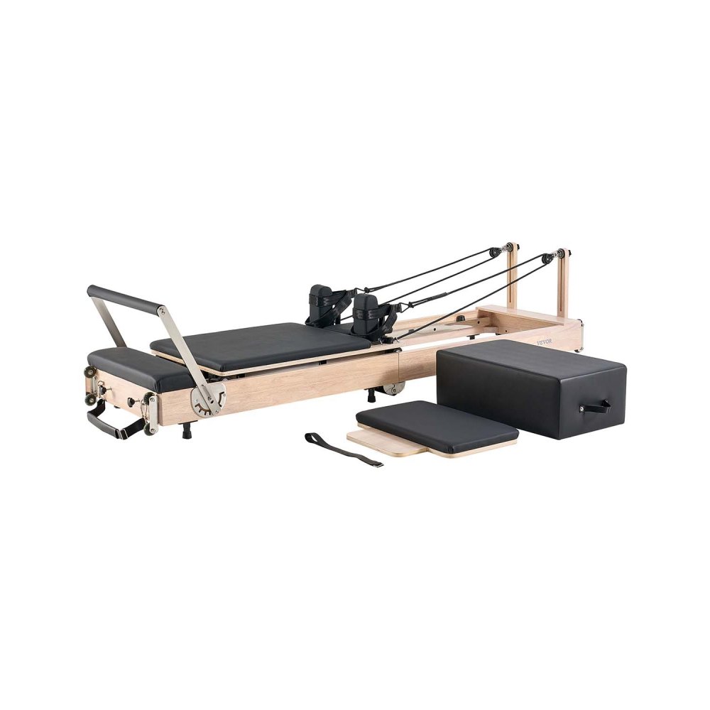 VEVOR Foldable Pilates Reformer, Wooden Pilates Workout Machine for Home Gym Studio Use, Pilates Bed with Dual Resistance- Spring & Cord, Reformer Set with Sitting Box, Up to 400 LBS