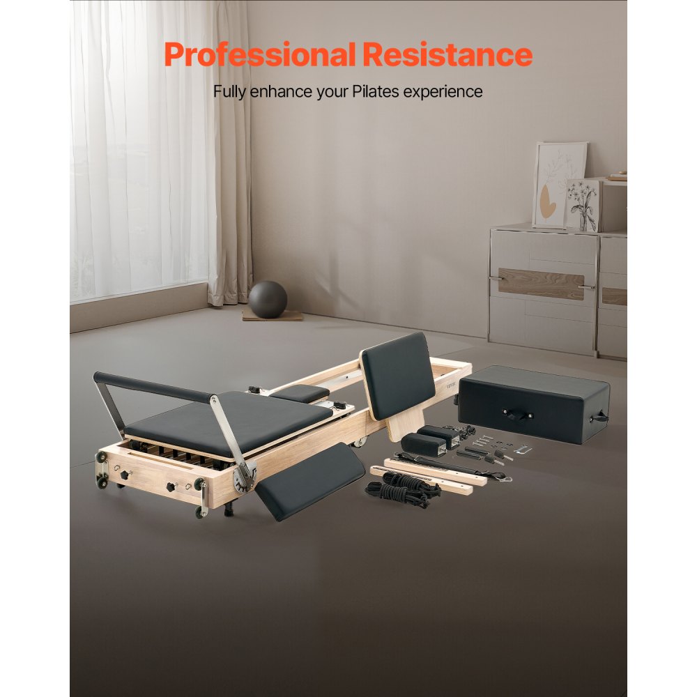 VEVOR Opvouwbare Pilates Reformer-trainingsapparatuur van rubberhout voor thuisgym, Pilatesbed met dubbele weerstand - veer en koord, apparatuur met zitkist, tot 181,44 kg