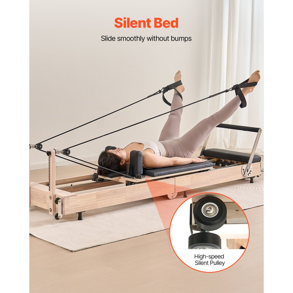 VEVOR Opvouwbare Pilates Reformer-trainingsapparatuur van rubberhout voor thuisgym, Pilatesbed met dubbele weerstand - veer en koord, apparatuur met zitkist, tot 181,44 kg
