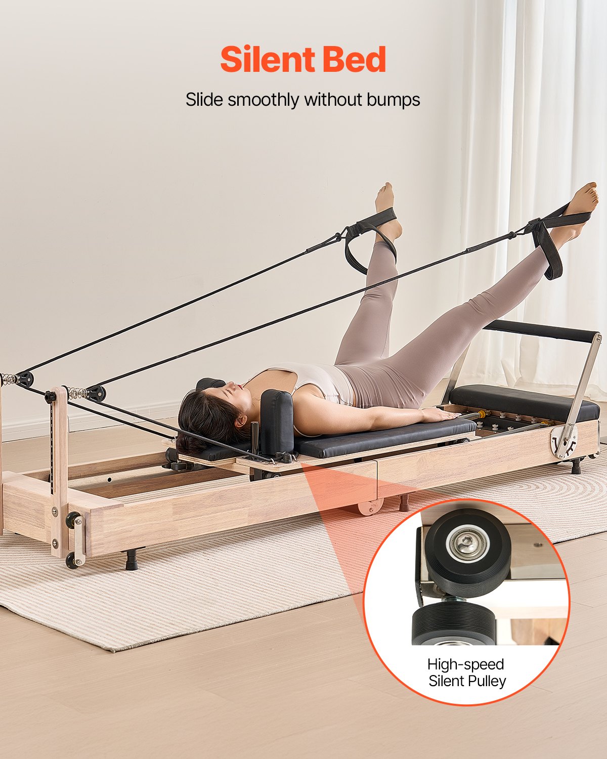 VEVOR Foldable Pilates Reformer, Wooden Pilates Workout Machine for Home Gym Studio Use, Pilates Bed with Dual Resistance- Spring & Cord, Reformer Set with Sitting Box, Up to 400 LBS