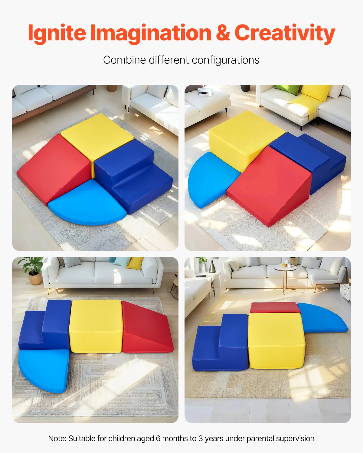 VEVOR Climbing Toys, 4-Piece Set, Foam Climbing Toys for Toddlers 6 Months to 3 Years Old, PU Leather Climbing Blocks, Indoor Climb and Crawl Activity Playset for Crawling & Sliding, Easy to Clean