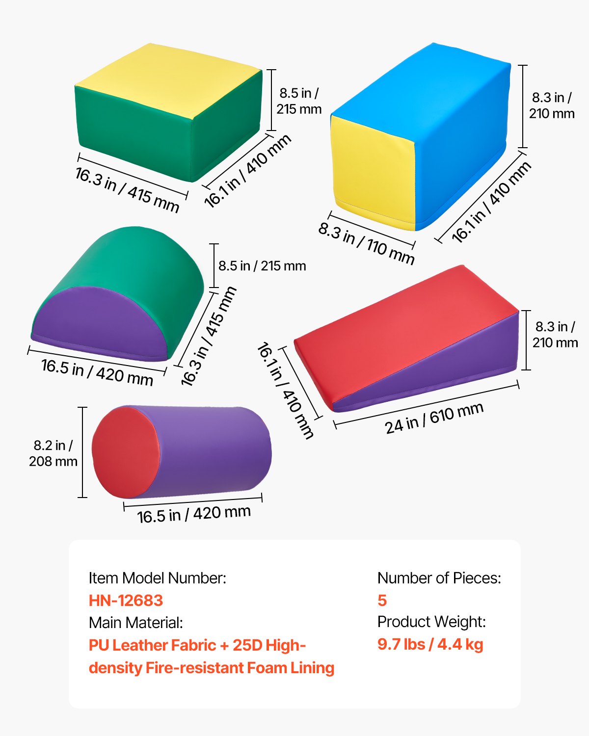 VEVOR Climbing Toys, 5-Piece Set, Foam Climbing Toys for Toddlers 6 Months to 3 Years Old, PU Leather Climbing Blocks, Indoor Climb and Crawl Activity Playset for Crawling & Sliding, Easy to Clean