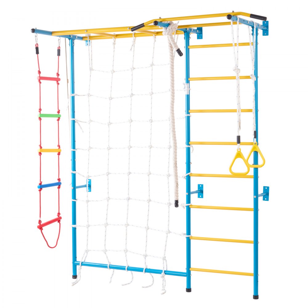VEVOR Wandrek Gymnastiek Wandklimrek voor Peuters, 7-in-1 Klimspeelset met Zweedse Ladder van Koolstofstaal, Optrekstang & Touwladder & Gymnastiekringen Draagvermogen 100 kg Meerkleurig