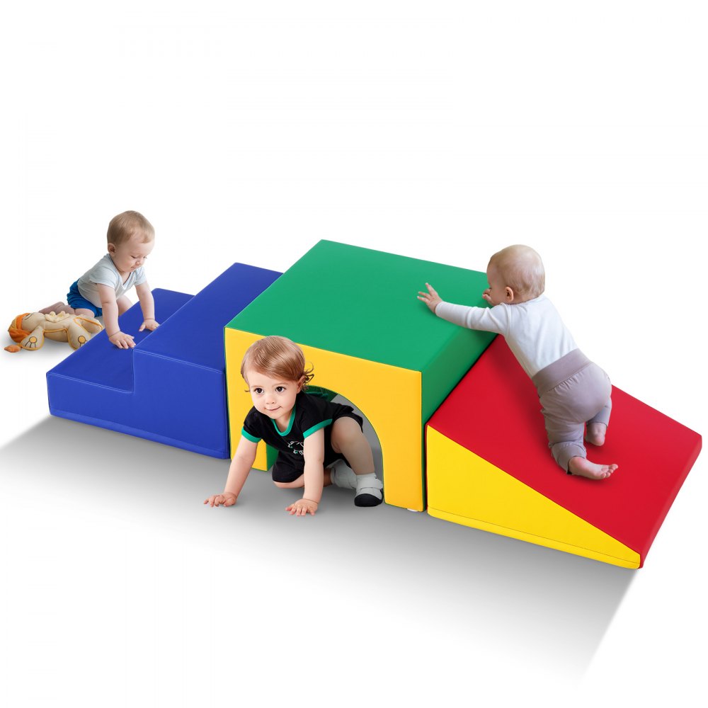 toddlers play on colorful VEVOR foam climbing blocks with steps, tunnel, and incline ramp.