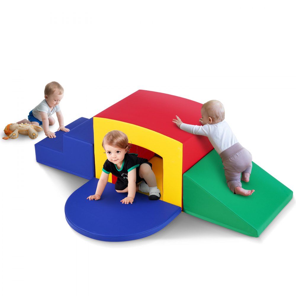 VEVOR toddler climbing toys with colorful foam blocks and ramp, three babies playing and crawling