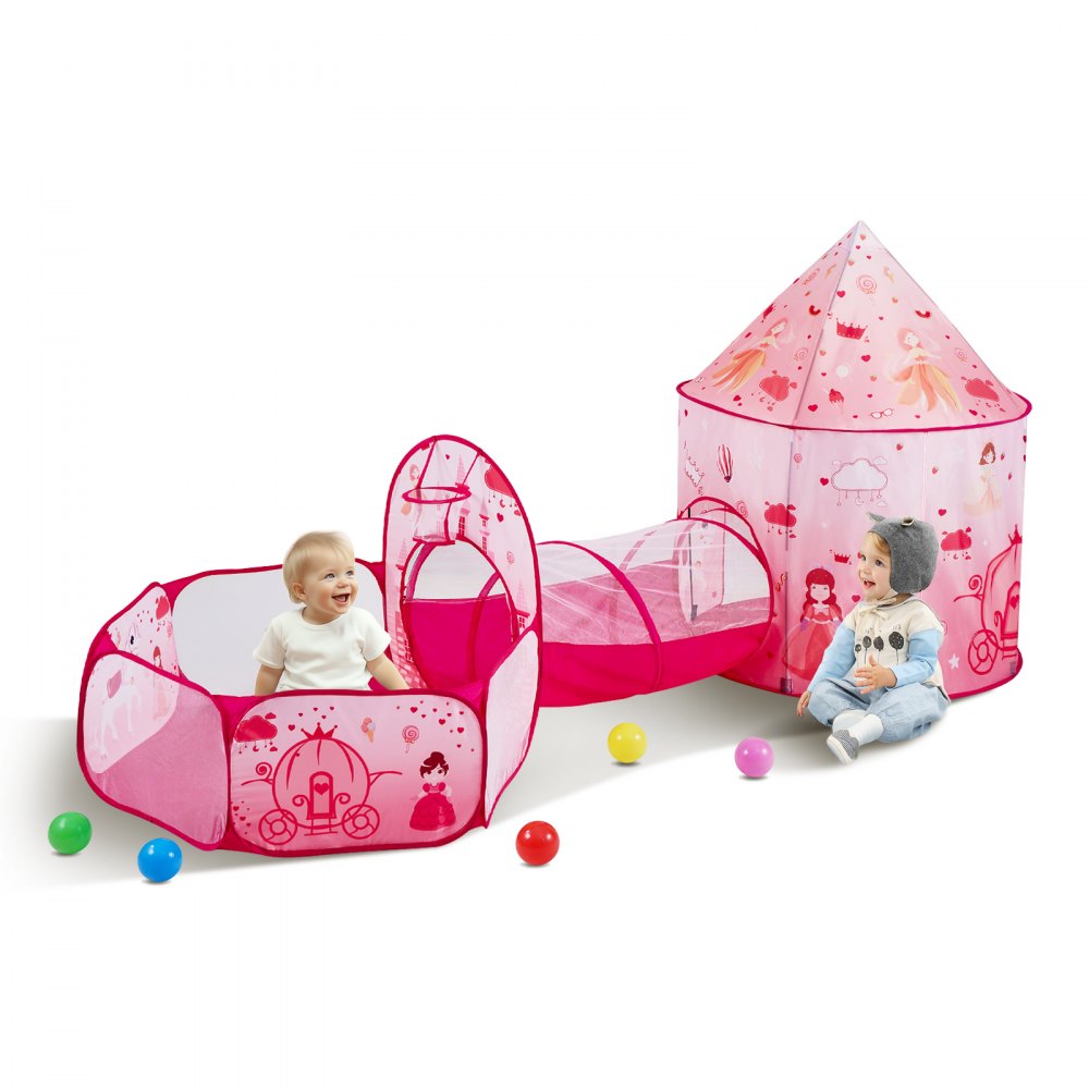 VEVOR kids play tent with mesh tunnel, hexagon ball pit, and playhouse featuring colorful designs.