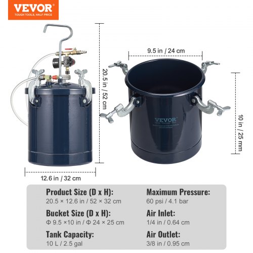 VEVOR Spuitpistool, 10 l, hogedruksproeier, tank met mondstuk 1,5 mm, luchtregelaar, veiligheid voor auto, auto, zilver VEVOR Spuitpistool, 10 l, hogedruksproeier, tank met mondstuk 1,5 mm, luchtregelaar, veiligheid voor auto, auto, zilver