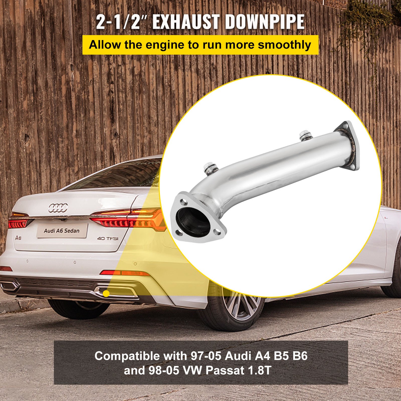 VEVOR High Flow Downpipe Exhaust Converter Pipe Fits 97-05 Audi A4 B5 B6/Passat 1.8T, Up to 10-15 Horsepower, Turbo-Charged 1.8L/1.8T I4 DOHC Engines