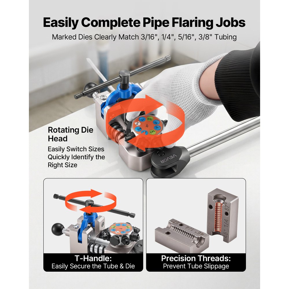 VEVOR 8-delige remleiding-flensset, 37°/45° flensgereedschap voor dubbel en bolvormig flenzen, pijpexpander met 4 sets matrijzen voor buitendiameters van 4,76-9,52 mm, remleidingreparatieset voor voertuigen
