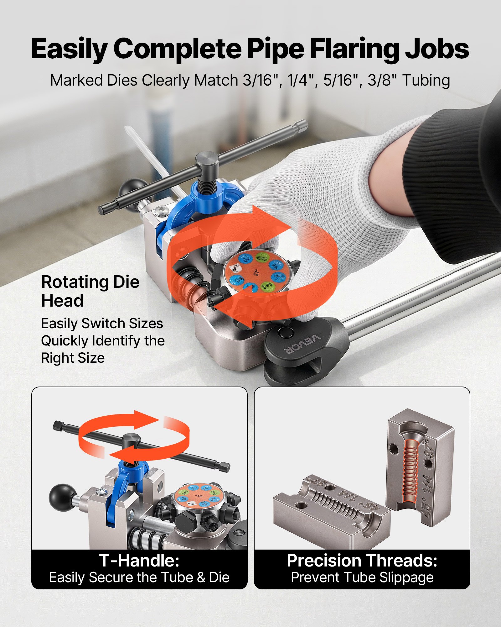 VEVOR 8-delige remleiding-flensset, 37°/45° flensgereedschap voor dubbel en bolvormig flenzen, pijpexpander met 4 sets matrijzen voor buitendiameters van 4,76-9,52 mm, remleidingreparatieset voor voertuigen