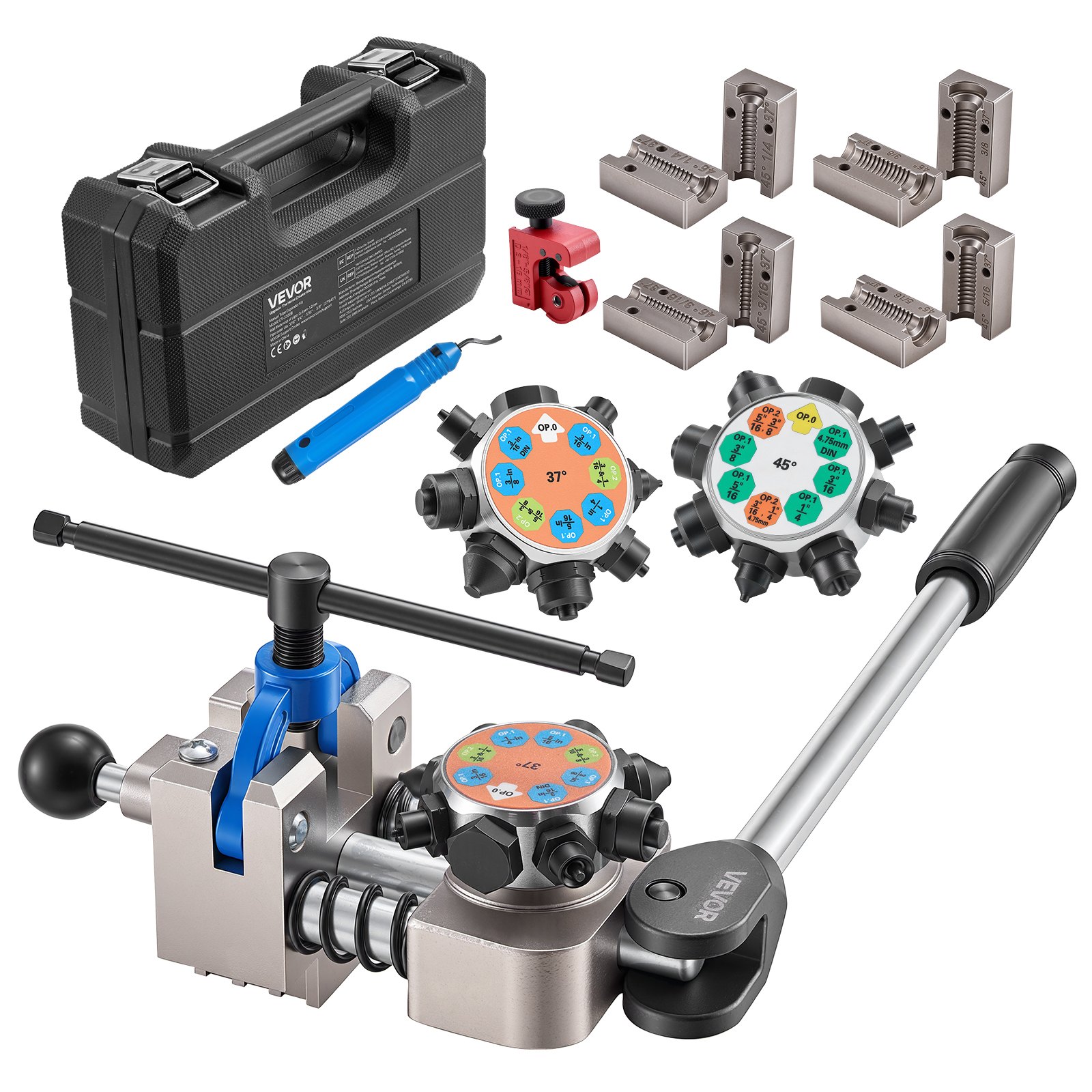 VEVOR 8-delige remleiding-flensset, 37°/45° flensgereedschap voor dubbel en bolvormig flenzen, pijpexpander met 4 sets matrijzen voor buitendiameters van 4,76-9,52 mm, remleidingreparatieset voor voertuigen