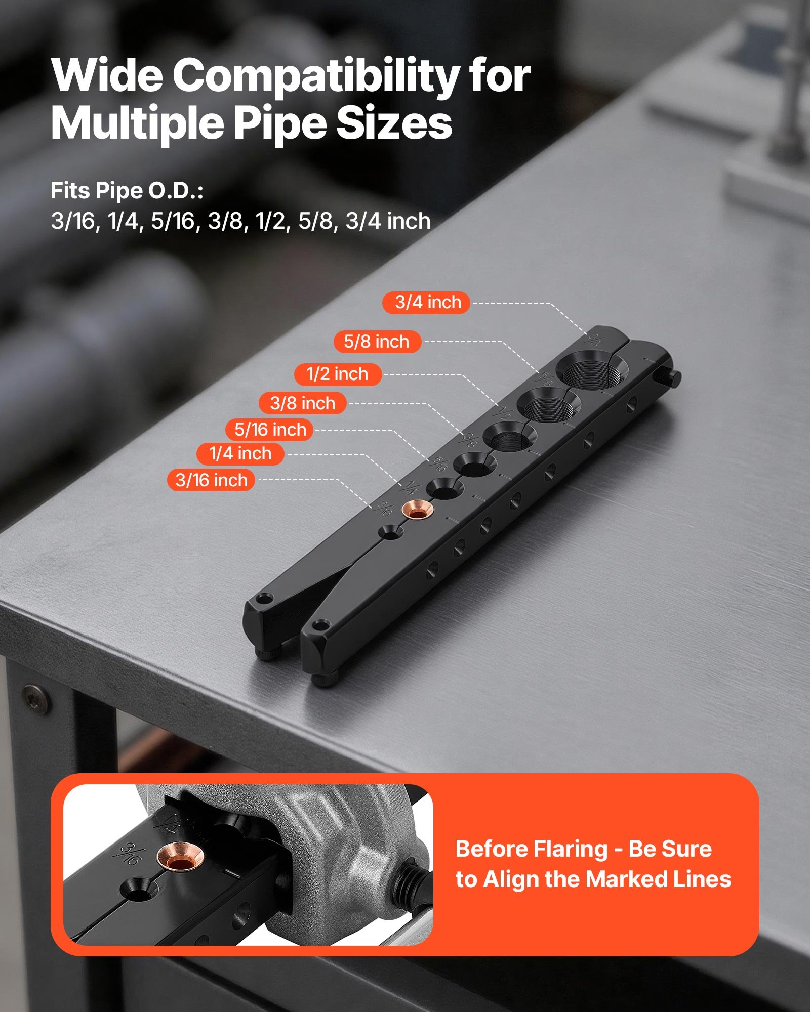 VEVOR 2-delige flaregereedschapset, 45° excentrisch flaregereedschap voor enkelvoudig flaren, HVAC flaren voor koperen en aluminium buizen van 4,76-19,05 mm, reparatieset met gereedschapskist voor HVAC-buizen