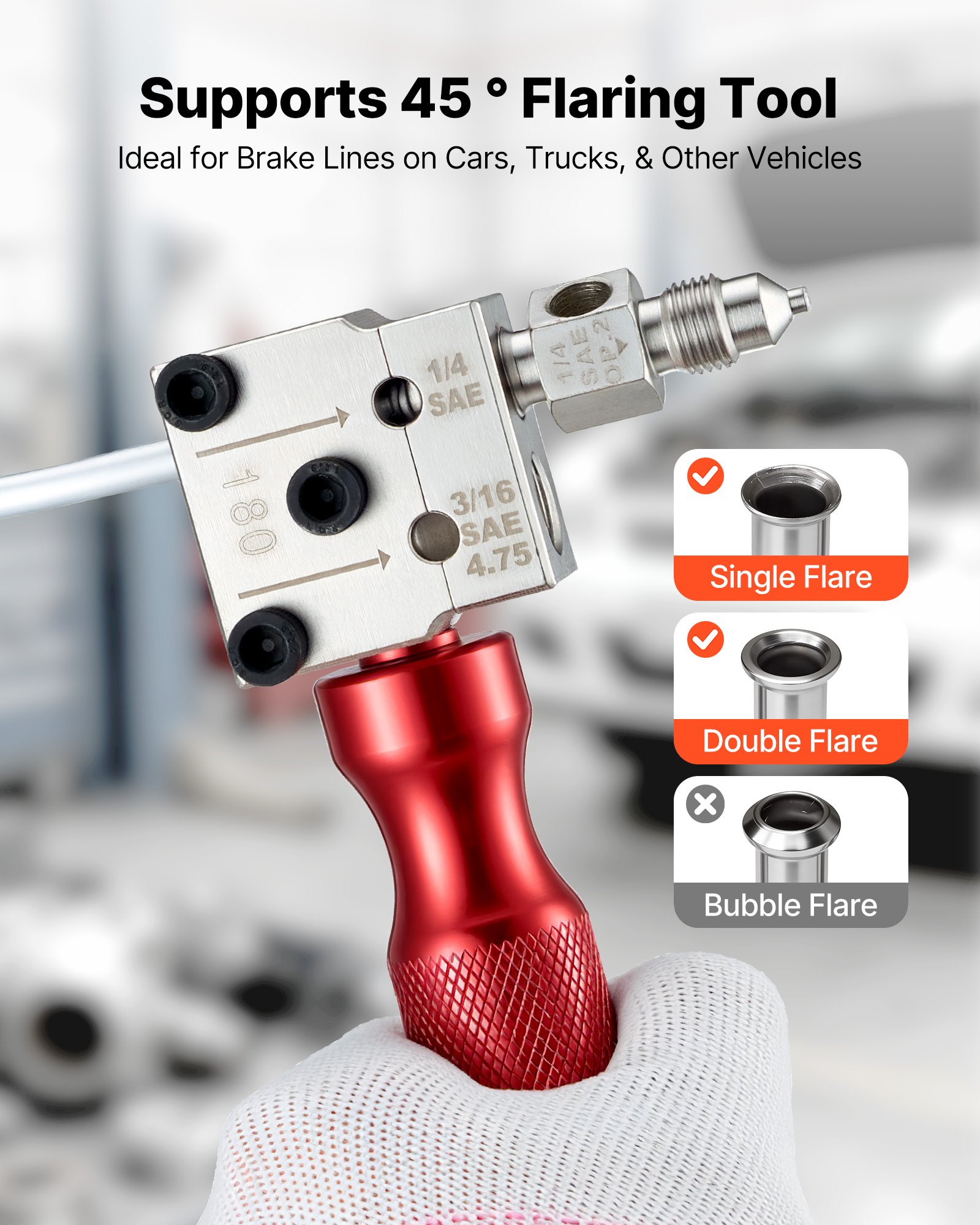 VEVOR 6-delige remleidingflensset, 45° flensgereedschap voor enkel- en dubbelflensen, pijpexpander met 2 vormmatrijzen voor buitendiameters van 4,75 mm en 6,35 mm, remleidingreparatieset voor voertuigen