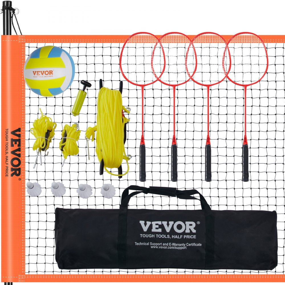 VEVOR Volleybalnet, in hoogte verstelbaar badmintonnet, 91,44 x 970 cm, draagbaar beachvolleybalnet, oranje volleybalnet, opvouwbaar volleybalnet met volleybal, draagtas en badmintonracket