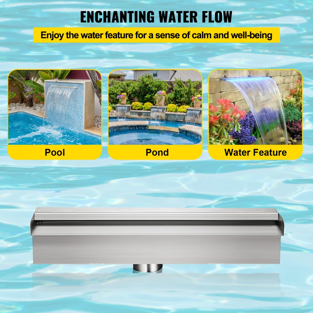 VEVOR Swimming Pool Waterfall Spillway 30x11.5x8 cm Stainless Steel Swimming Pool Waterfall Fountain with Colorful LED Strip, Hose Connector, Remote Control, Corrosion Resistant for Pond, Outdoor Garden