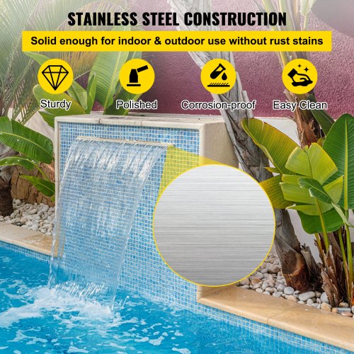 VEVOR Waterval Overlaat, 60cm RVS Waterval Zwembad Fontein, Rechthoekige Zwembad Fontein Cascade, Cascadeblad met Connector Slang Klem PTFE-tape, Zwembadfontein Waterval voor Koi-visvijver Waterpartij