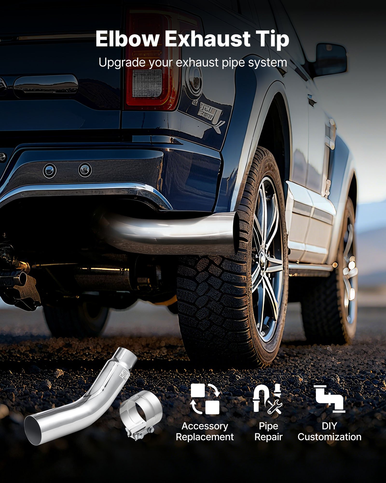 VEVOR uitlaatpijp met hoekstuk (101,6 mm inlaat, 127 mm uitlaat, 584 mm totale lengte), naar beneden gebogen uitlaatpijp met klem voor vrachtwagens, sedans, sportwagens, SUV's, verchroomd oppervlak