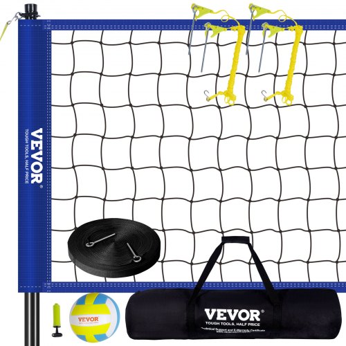 VEVOR Volleybalnet In hoogte verstelbare volleybalnetset, 9,7 x 2,4 m Draagbaar strandvolleybalnet, blauw volleybalnet Opvouwbaar volleybalnet met volleybal en draagtas, voor tuin, strand