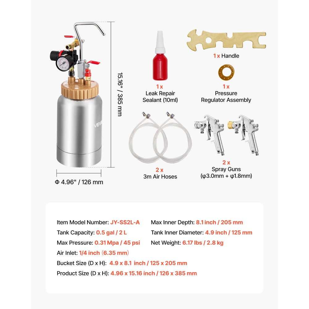 VEVOR Spray Paint Pressure Pot, 0.5 Gal/2 L Pressure Pot Paint Sprayer, φ1.8mm + φ3mm Two Spray Guns Central Pneumatic Sprays Gun with Two 9.8 FT/3 m Hoses for Furniture, Car, 3 Adjustable Controls