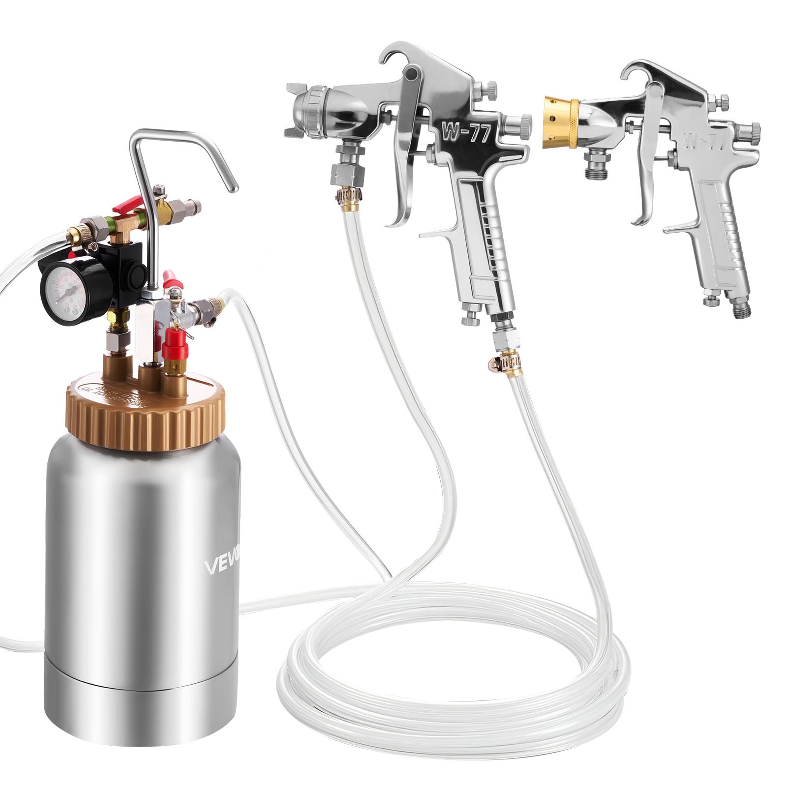 VEVOR Spray Paint Pressure Pot, 0.5 Gal/2 L Pressure Pot Paint Sprayer, φ1.8mm + φ3mm Two Spray Guns Central Pneumatic Sprays Gun with Two 9.8 FT/3 m Hoses for Furniture, Car, 3 Adjustable Controls