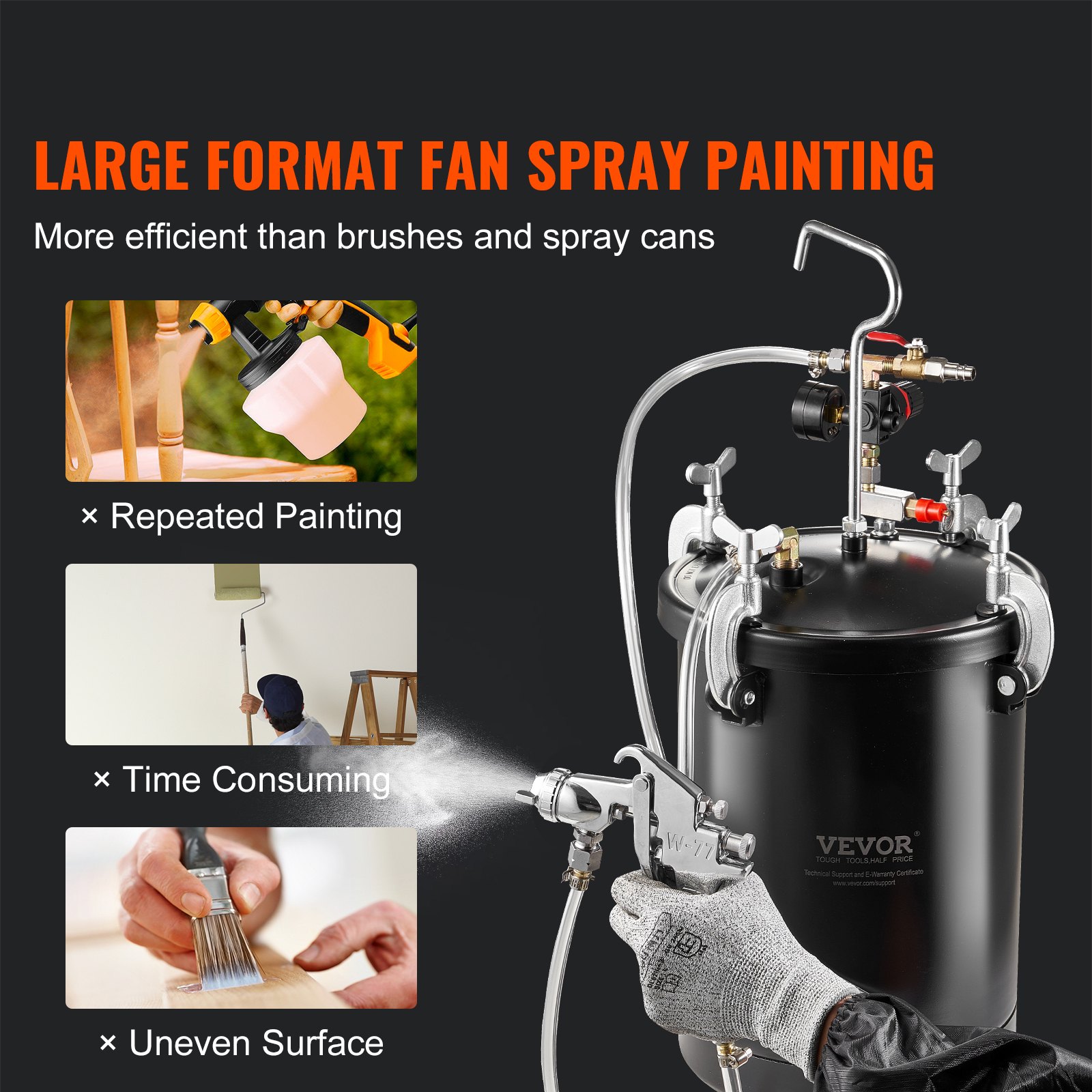 VEVOR druktank voor spuitverf, 15 liter druktank, instelbare druk van 60 psi, stalen druktank voor verf inclusief spuitpistool, slangen en manometer, voor huisdecoratie en industrieel schilderen.