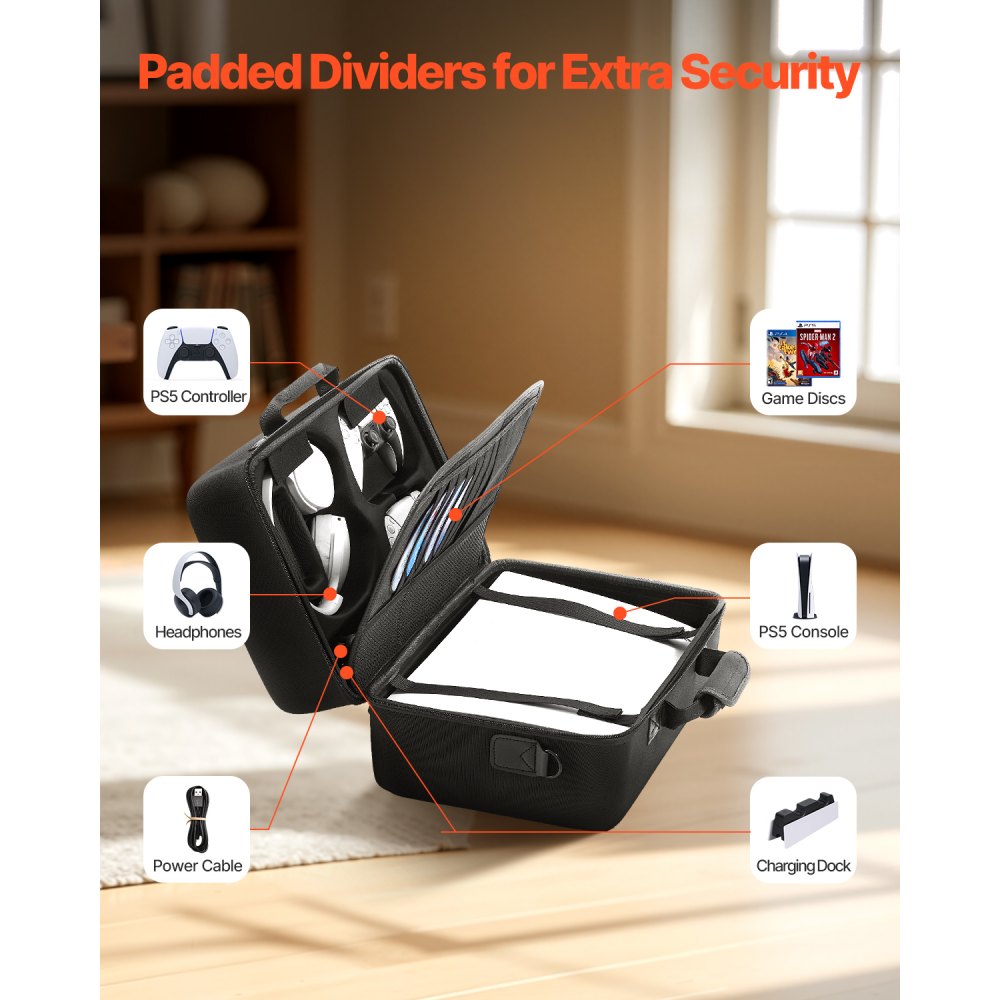 VEVOR PS5 Carrying Case, Travel Bag for Playstation 5 Shockproof EVA, Soft Interior Lining & Padded Dividers for Extra Protection, Spacious Design with Carry Handle for Storage, Home & Party