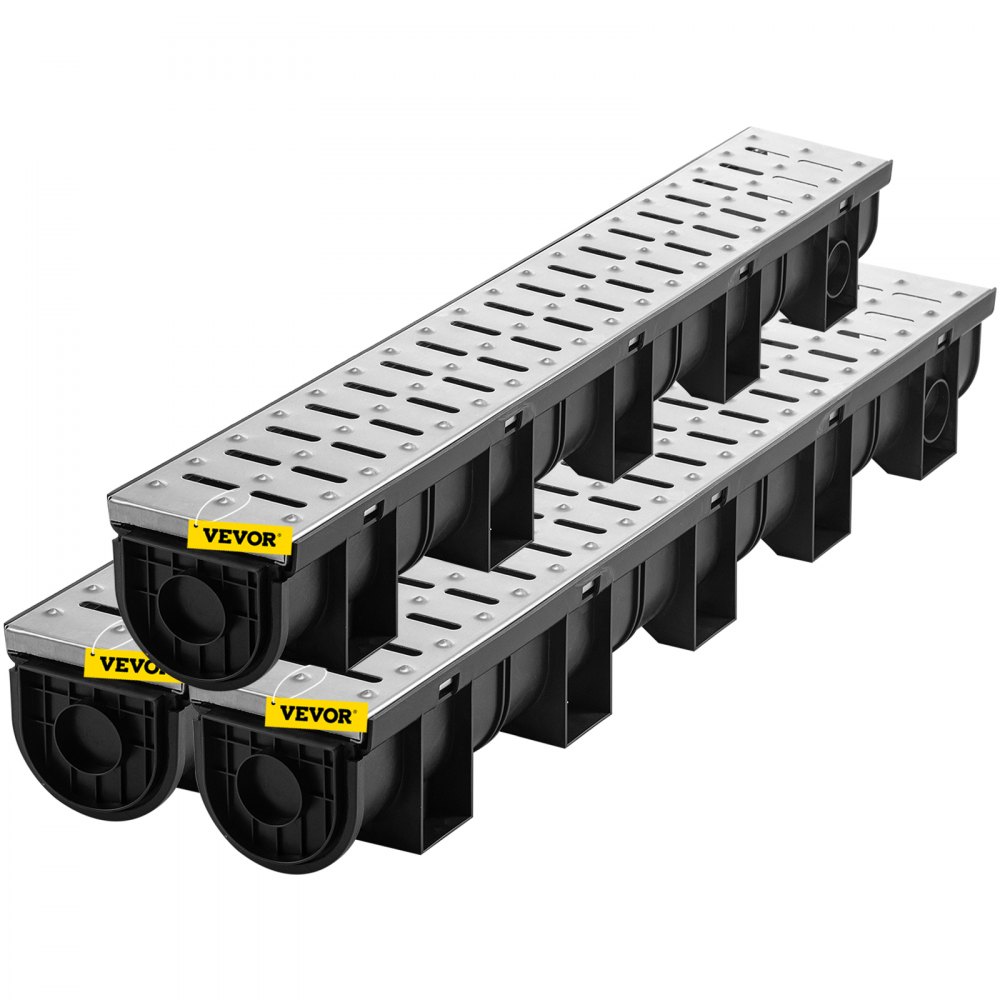 VEVOR Trench Drain System, Channel Drain with Metal Grate, 150x130 mm HDPE Drainage Trench, Black Plastic Garage Floor Drain, 3x39 Trench Drain Grate, with 3 End Caps, for Garden, Driveway-3 Pack