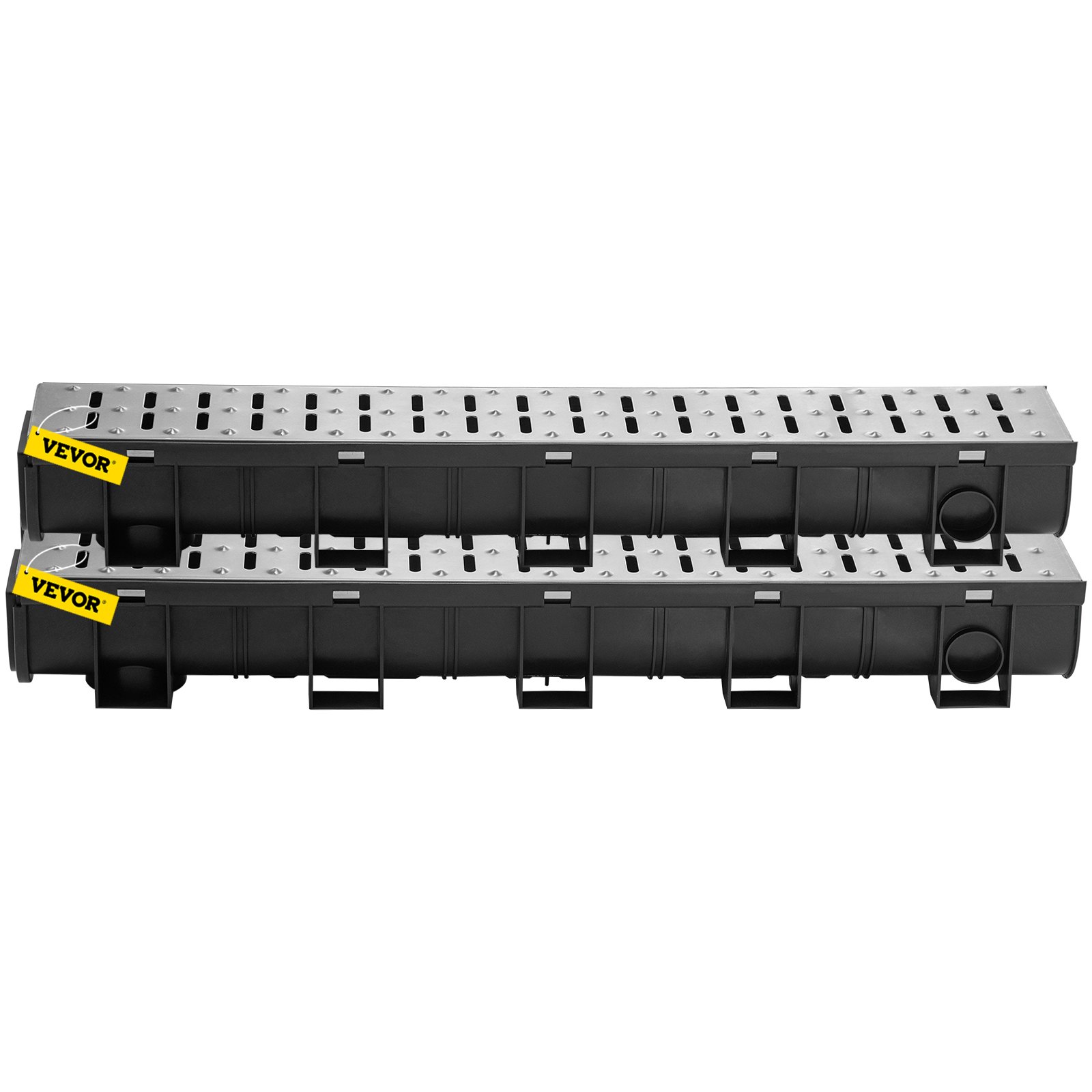 VEVOR Trench Drain System, Channel Drain with Metal Grate, 150x130 mm HDPE Drainage Trench, Black Plastic Garage Floor Drain, 3x39 Trench Drain Grate, with 3 End Caps, for Garden, Driveway-3 Pack