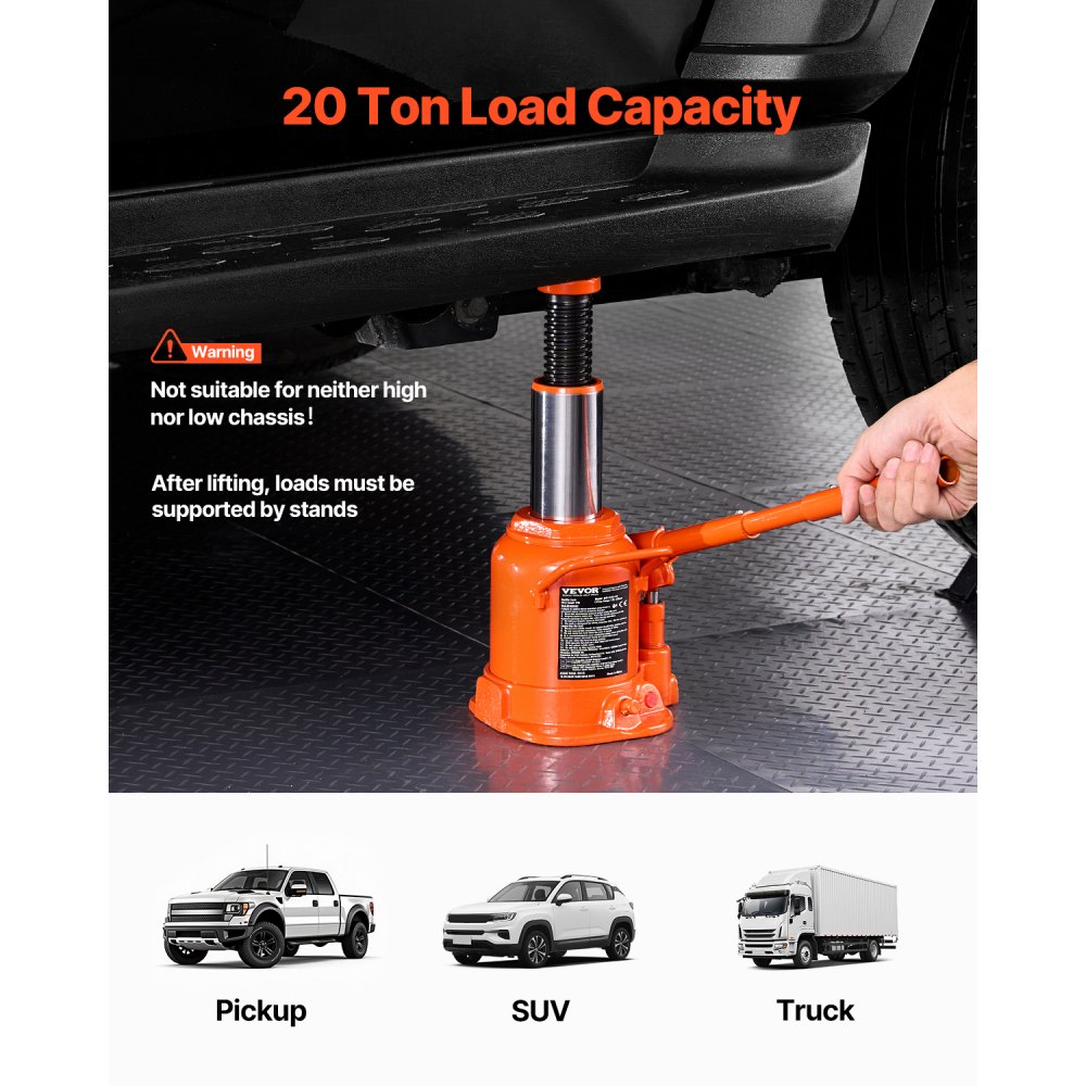 VEVOR hydraulische krik met hefhoogte van 175-320 mm en driedelige lange hendel, geschikt voor auto's, pick-ups, vrachtwagens, campers, autoreparatie en industriële technologie.