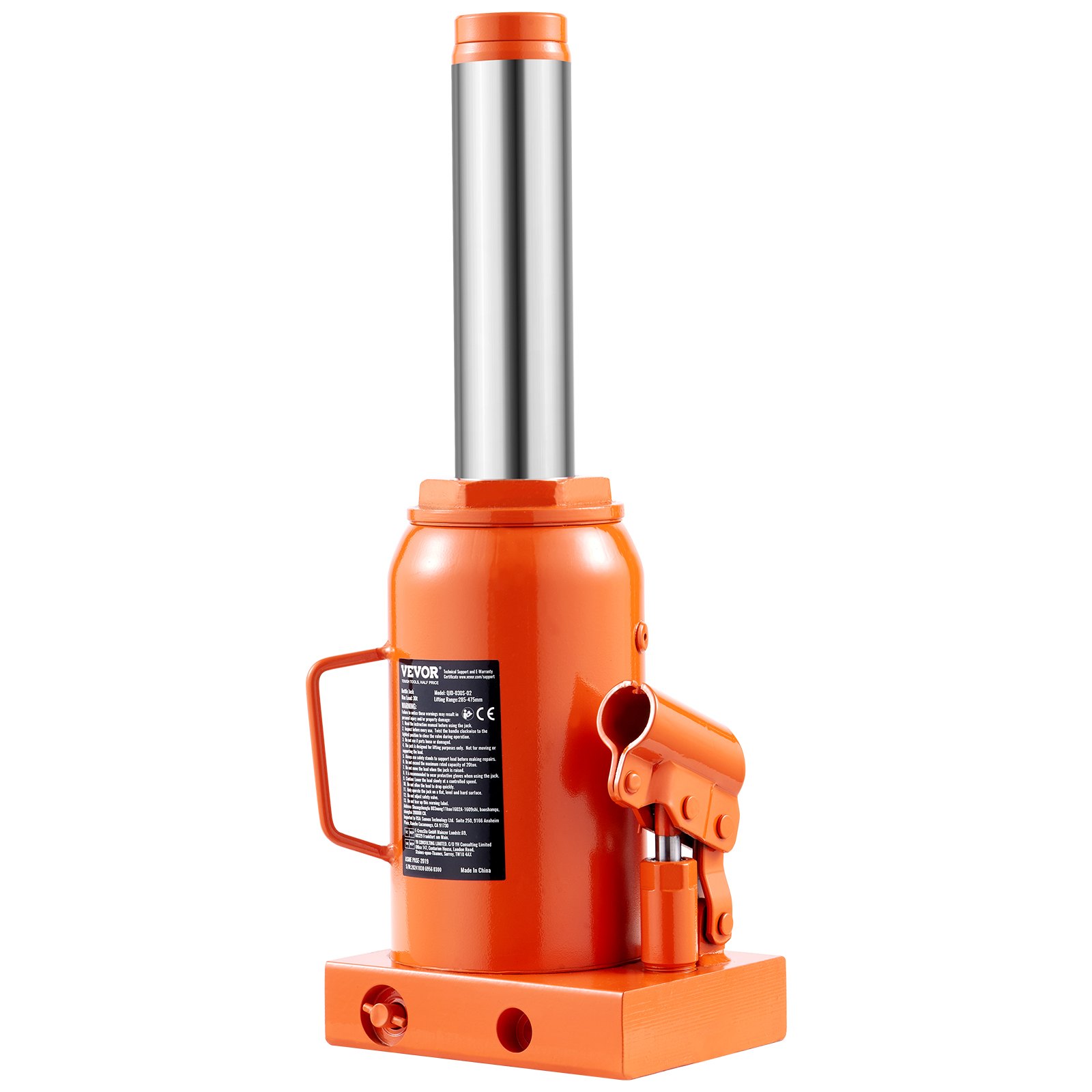 VEVOR hydraulische autokrik 30 t fleskrik met 285-475 mm hefbereik en 3-delige lange handgreep, voor auto pick-up truck camper autoreparatie industriële techniek