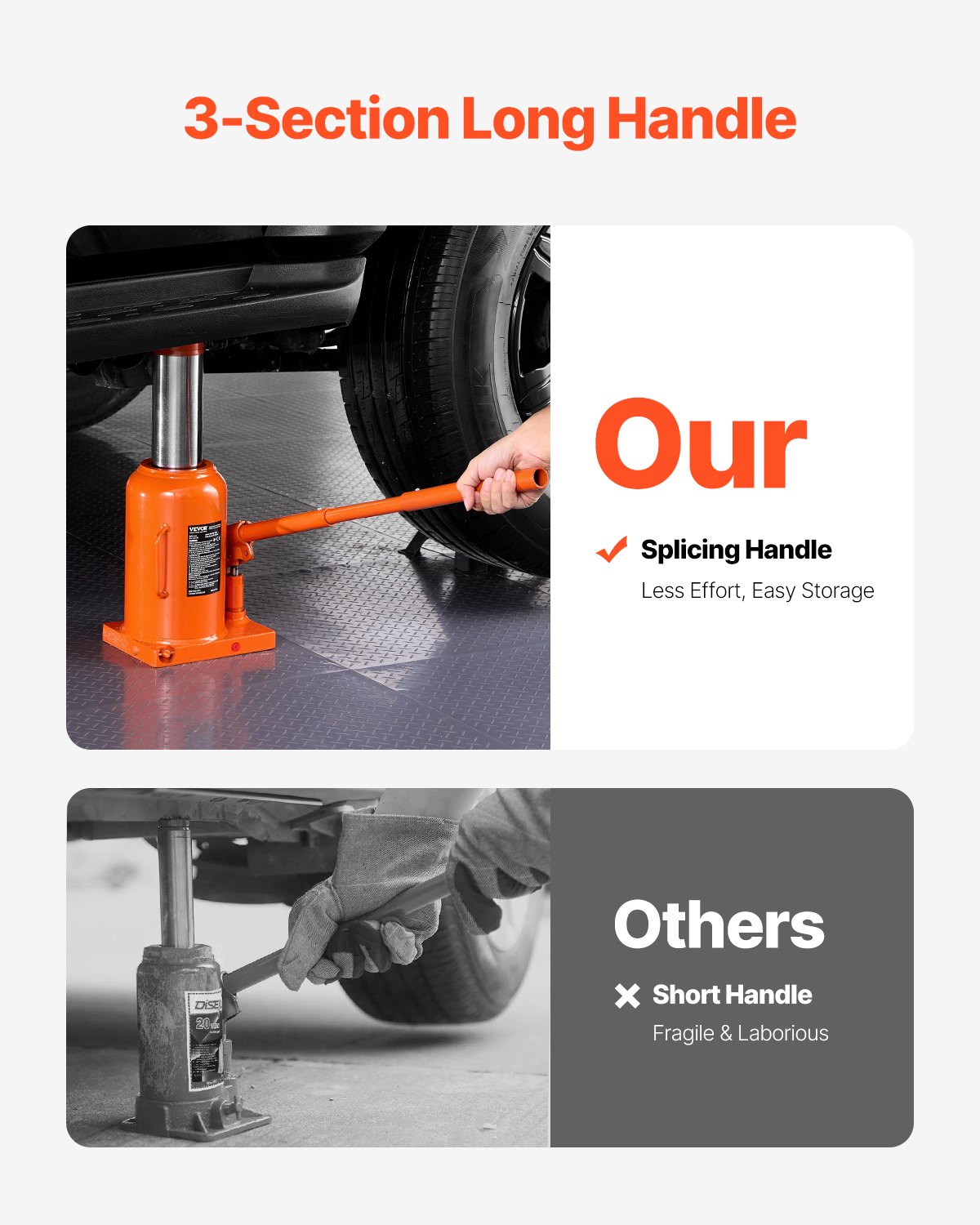 VEVOR hydraulische krik, 50 t fleskrik met 28-44 cm hefbereik en 3-delige lange handgreep, voor auto pick-up truck camper autoreparatie industriële techniek