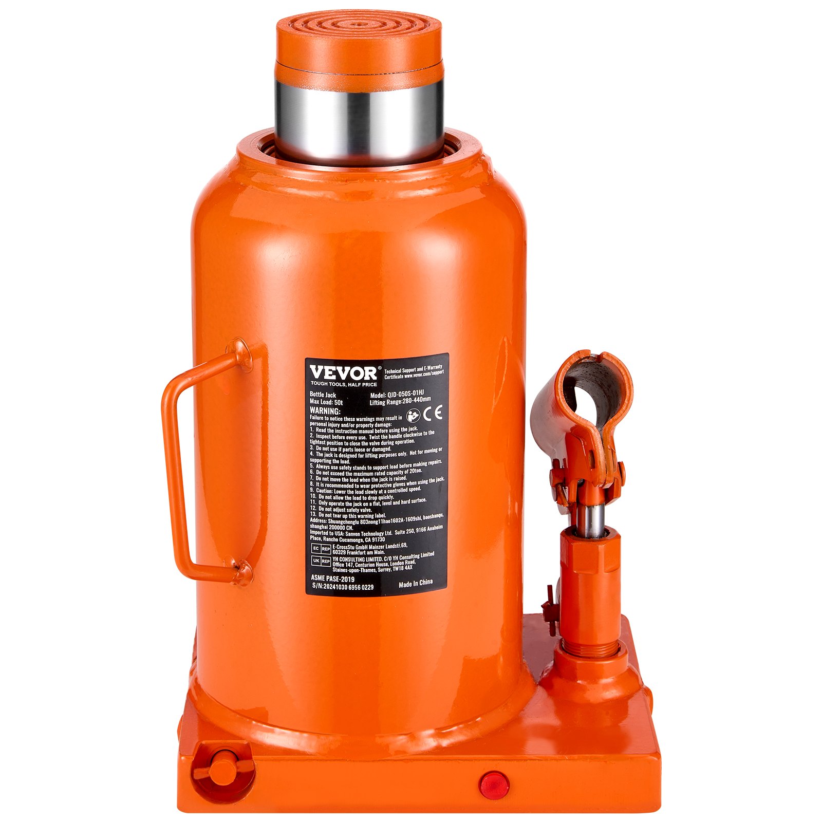VEVOR hydraulische krik, 50 t fleskrik met 28-44 cm hefbereik en 3-delige lange handgreep, voor auto pick-up truck camper autoreparatie industriële techniek