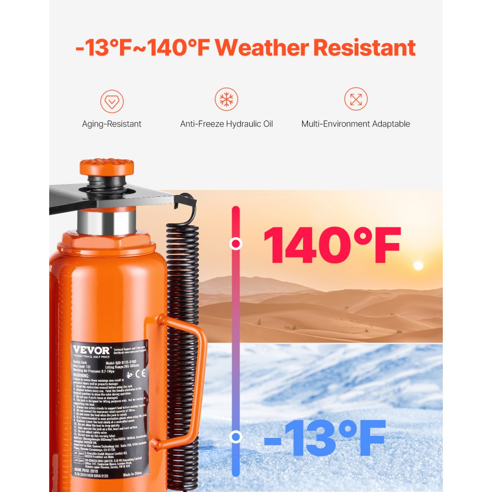 VEVOR Luchthydraulische vloerkrik 12 t Pneumatische hydraulische krik met 265-505 mm hefbereik en handpomp, voor pick-uptrucks, campers, autoreparaties, industriële techniek