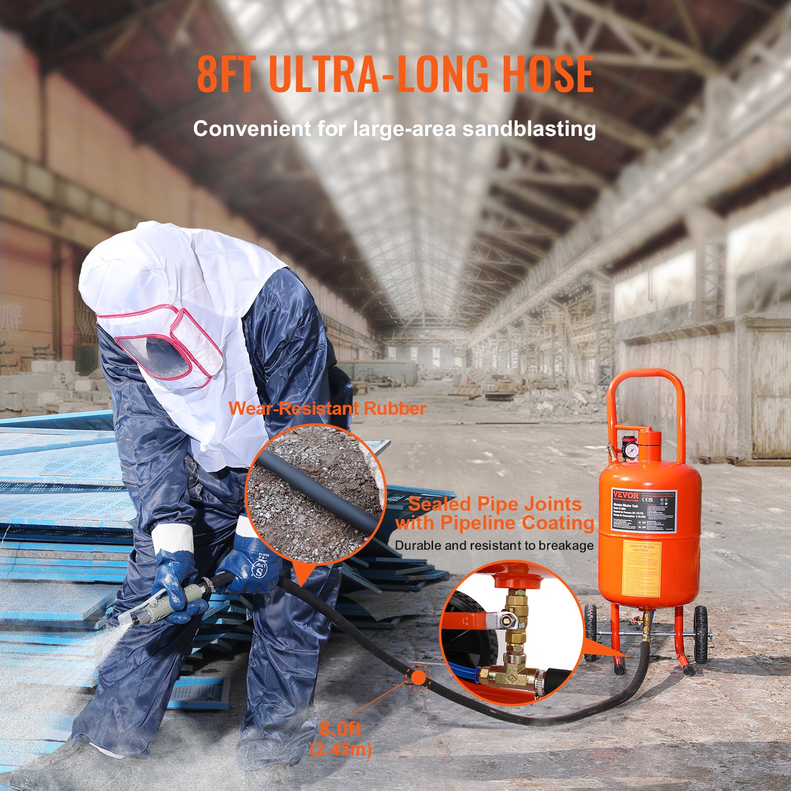 VEVOR Mobiele zandstraler 18,92 L Zandstraalsysteem 243,84 cm Werkslang Zandstraler 60–110 PSI Werkdruk Ideaal voor het verwijderen van roest, verf, vlekken en het polijsten van grote oppervlakken