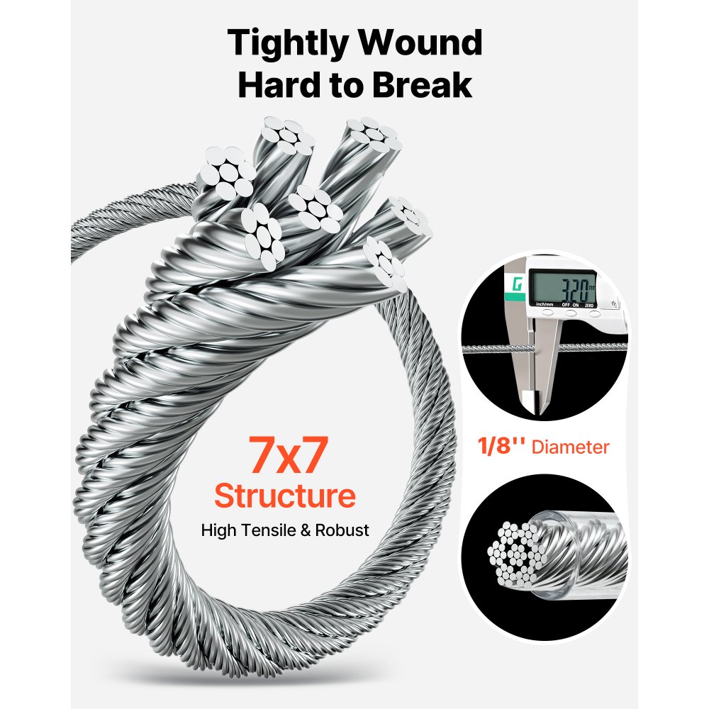 VEVOR 3.2 mm Wire Rope Kit, 30.5 m Length, 304 Stainless Steel Wire Cable, 2.9 kN Breaking Strength, 7 x 7 Strands Construction, Steel Cable for Deck Railing System, Garden Trellis, String Lights