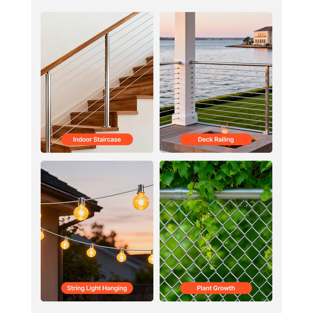 VEVOR 2 mm Wire Rope Kit, 35.1 m Length, 304 Stainless Steel Wire Cable, 2 kN Breaking Strength, 7 x 7 Strands Construction, Steel Cable for Deck Railing System, Garden Trellis, String Lights