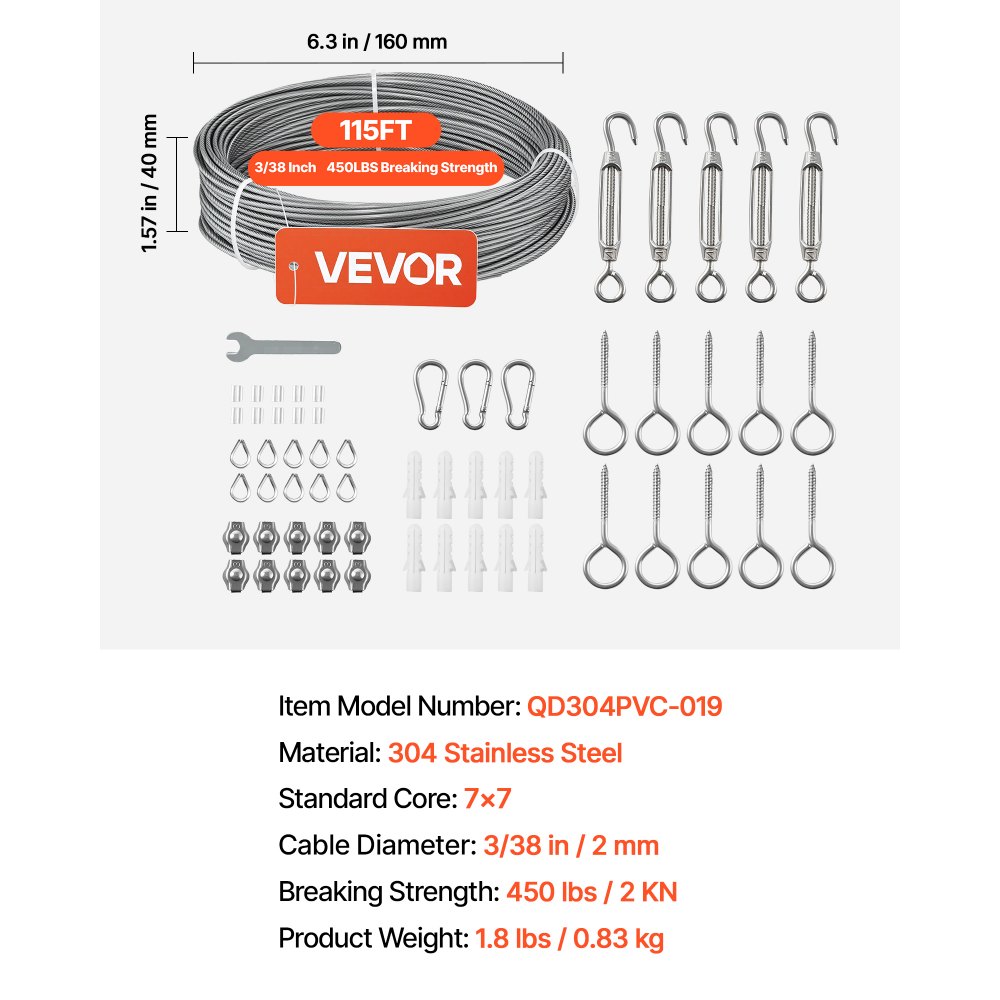 VEVOR 2 mm Wire Rope Kit, 35.1 m Length, 304 Stainless Steel Wire Cable, 2 kN Breaking Strength, 7 x 7 Strands Construction, Steel Cable for Deck Railing System, Garden Trellis, String Lights