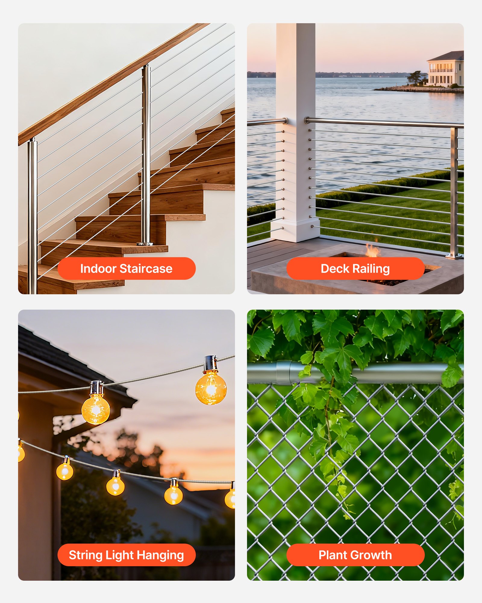 VEVOR 2 mm Wire Rope Kit, 35.1 m Length, 304 Stainless Steel Wire Cable, 2 kN Breaking Strength, 7 x 7 Strands Construction, Steel Cable for Deck Railing System, Garden Trellis, String Lights